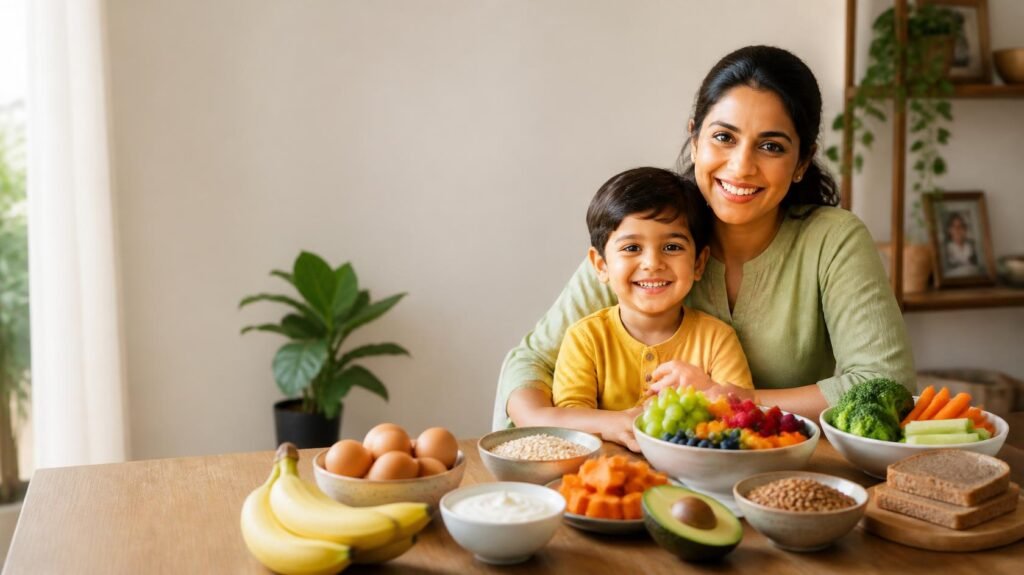 Indian mother and young child sitting together at a family dining table surrounded by healthy foods including fruits, vegetables, eggs, yogurt, oats, avocado and whole grains.