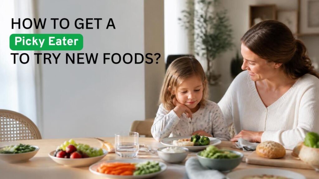 Mother encouraging a picky eater to explore new healthy foods during a family meal