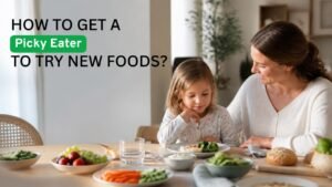 Mother encouraging a picky eater to explore new healthy foods during a family meal