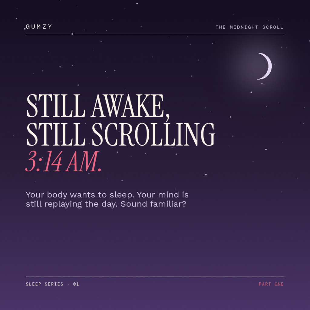 Dark night-sky graphic with a thin crescent moon, reading "Still awake, still scrolling. 3:14 AM. Insomnia.