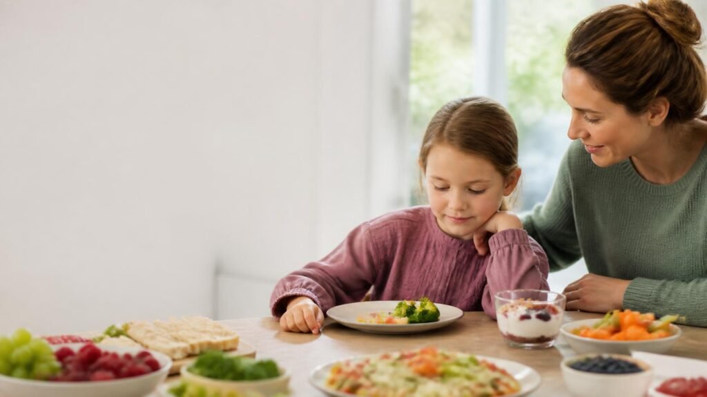 Mother encouraging a young picky eater child to try new foods at mealtime