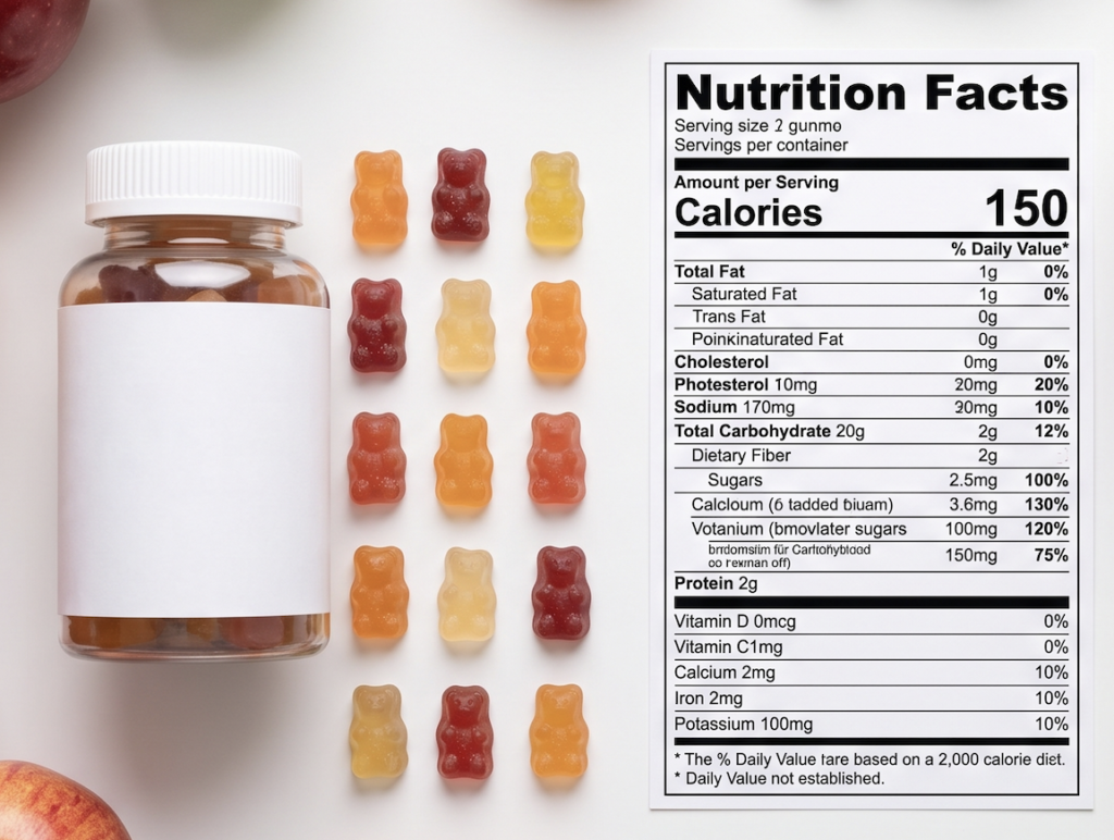 Choosing multivitamin gummies for kids by checking the nutrition label on back side.