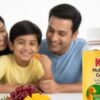 Parent examining a sugar free multivitamin gummies for kids, the health supplement nutrition label in a modern Indian kitchen, healthy foods arranged nearby.