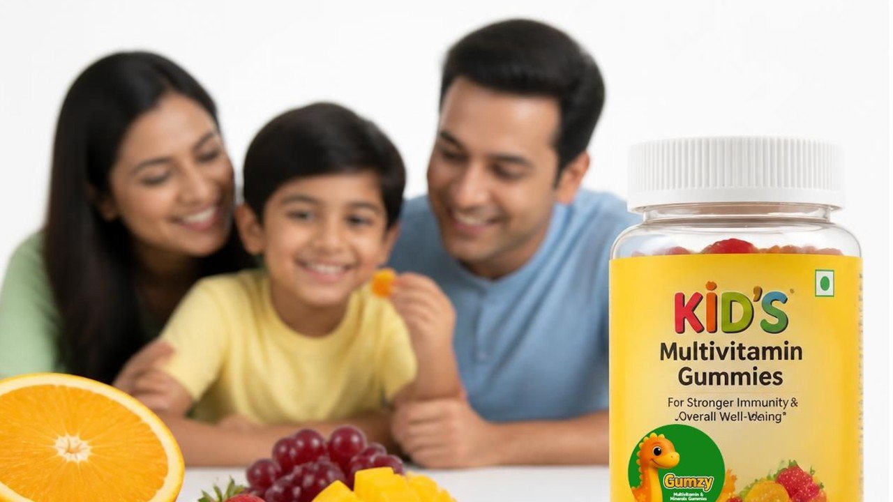 Parent examining a sugar free multivitamin gummies for kids, the health supplement nutrition label in a modern Indian kitchen, healthy foods arranged nearby.