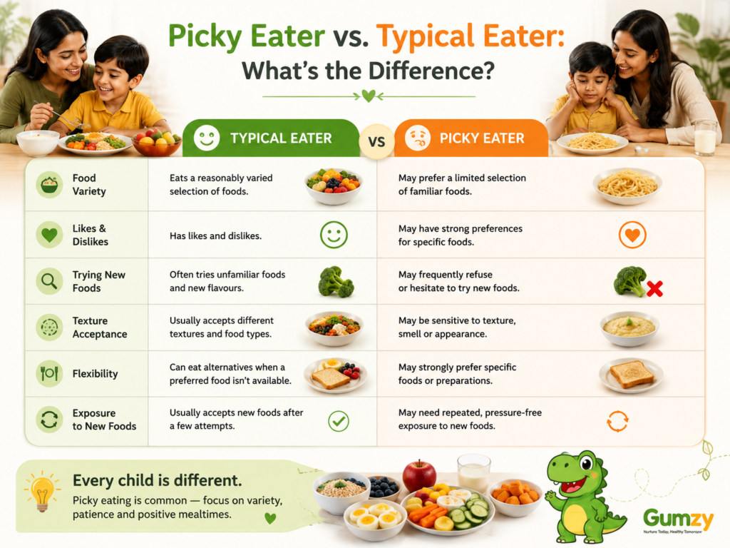 Picky eater vs typical eater comparison chart for parents showing differences in children's eating habits and food preferences.