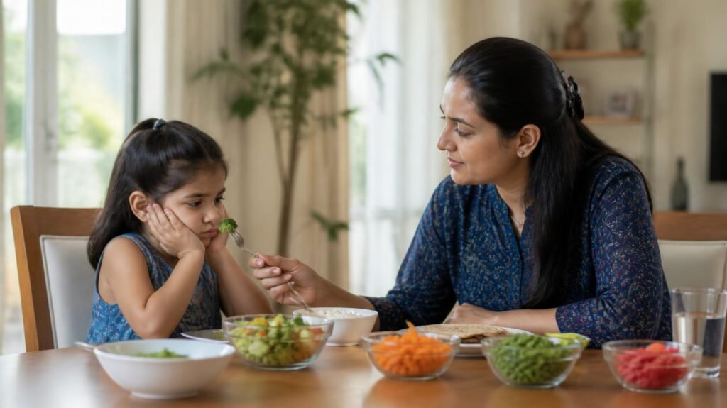 A mother is worried at the meal time thinking about picky eating in kids