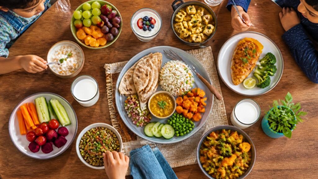Balanced nutritious meal showing different food groups for children's nutrition