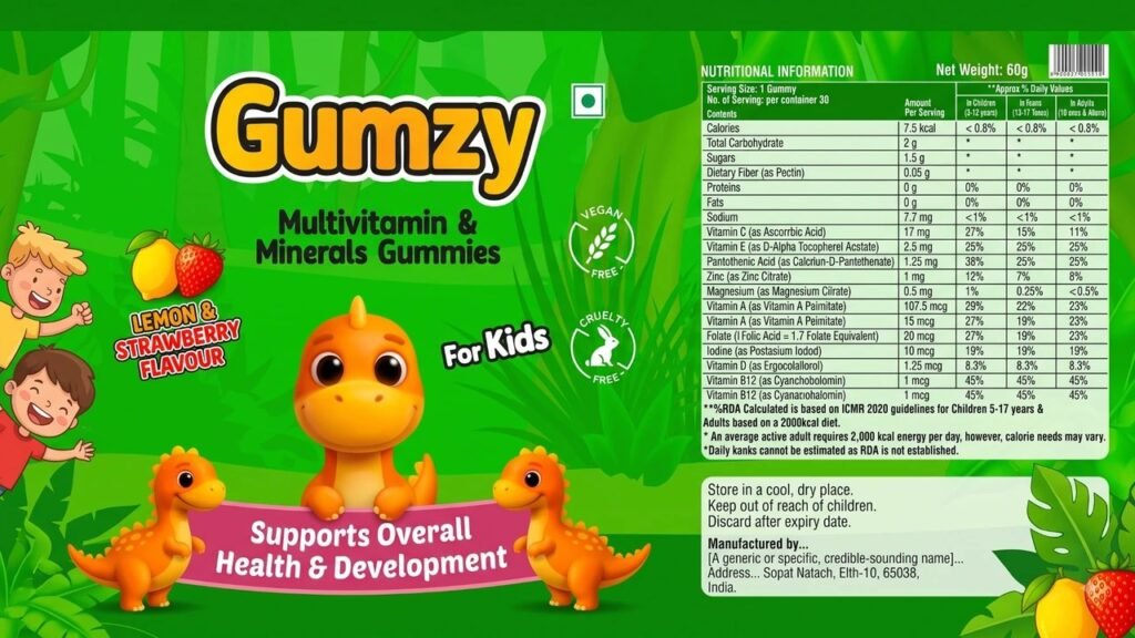 Choosing Gumzy multivitamin gummies for kids by checking the nutrition label.