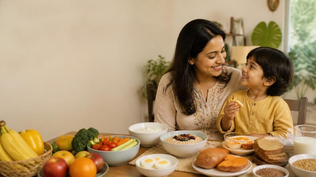 Indian mother and child enjoying a healthy meal together with fruits, vegetables, eggs, yogurt, oats and other nutritious foods on the dining table.