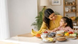Indian mother and child enjoying a healthy meal together with fruits, vegetables, eggs, yogurt, oats and other nutritious foods on the dining table.