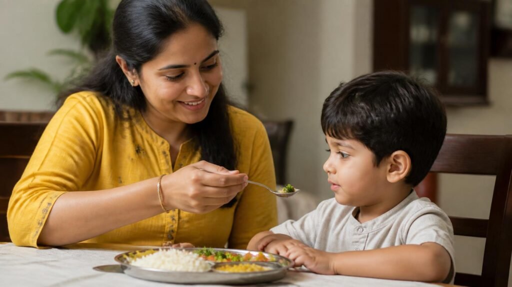 Parent introducing a new food alongside a familiar food to overcome picky eating in her kid