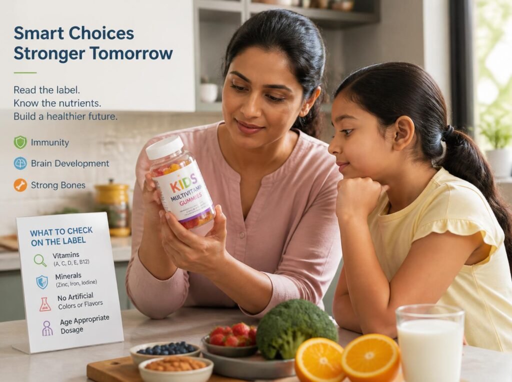 Parent examining a children's gummy supplement nutrition label in a modern Indian kitchen, healthy foods arranged nearby, educational health campaign
