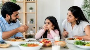Parent helping a picky eater explore healthy foods at family mealtime