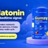 Gumzy adult sleep supplement banner featuring a blue bottle of strawberry-flavored Melatonin and Ashwagandha gummies, highlighting 5 mg of melatonin as the body's bedtime signal.