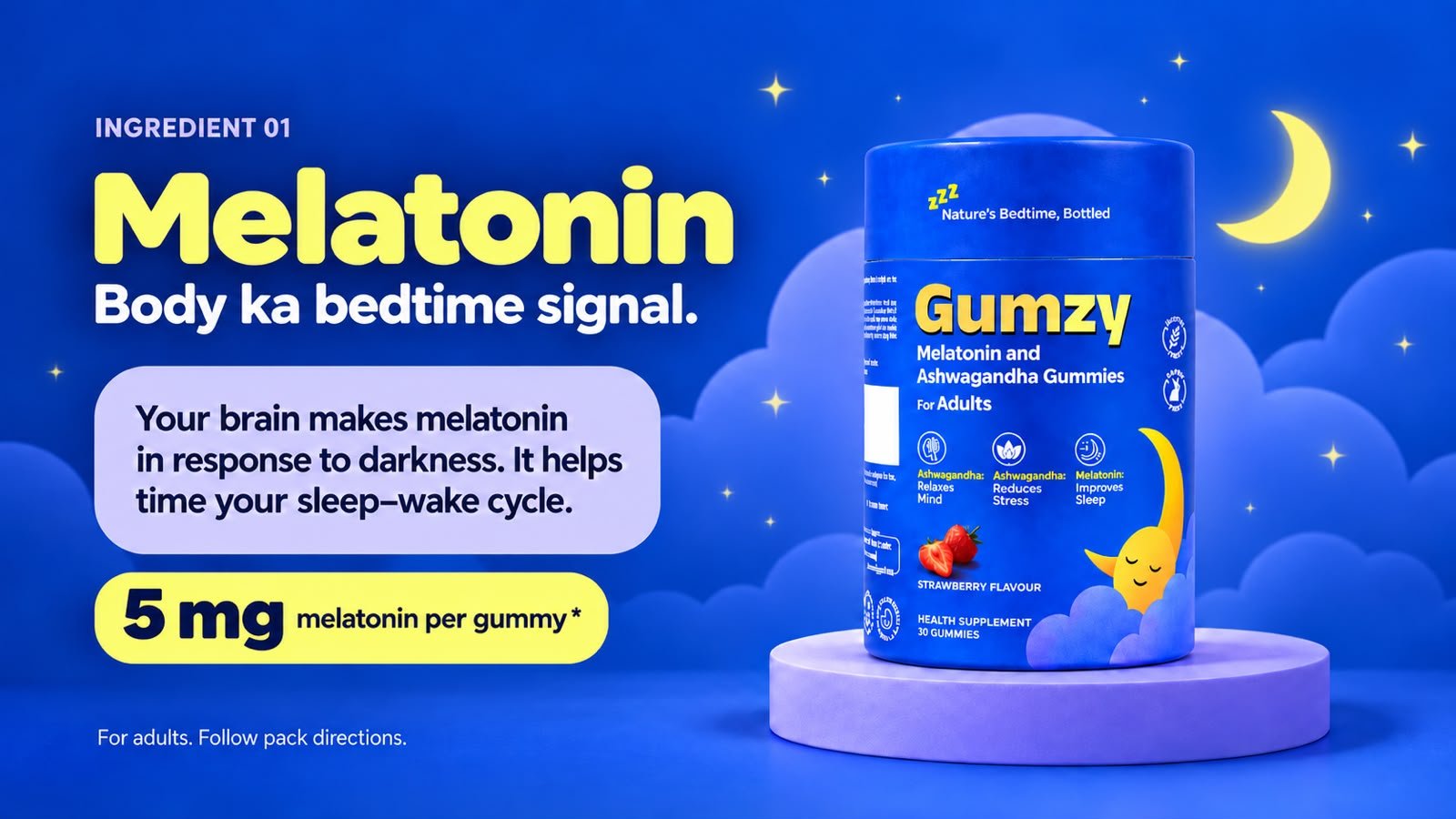 Gumzy adult sleep supplement banner featuring a blue bottle of strawberry-flavored Melatonin and Ashwagandha gummies, highlighting 5 mg of melatonin as the body's bedtime signal.