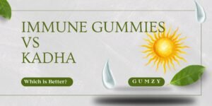 Gumzy comparison banner asking which is better between immune gummies and traditional Kadha, featuring a watercolor sun and leaf illustrations.