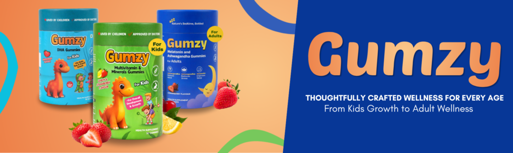 Promotional banner for Gumzy wellness supplements displaying three colorful bottles of gummies for kids and adults, set against an orange and blue background.