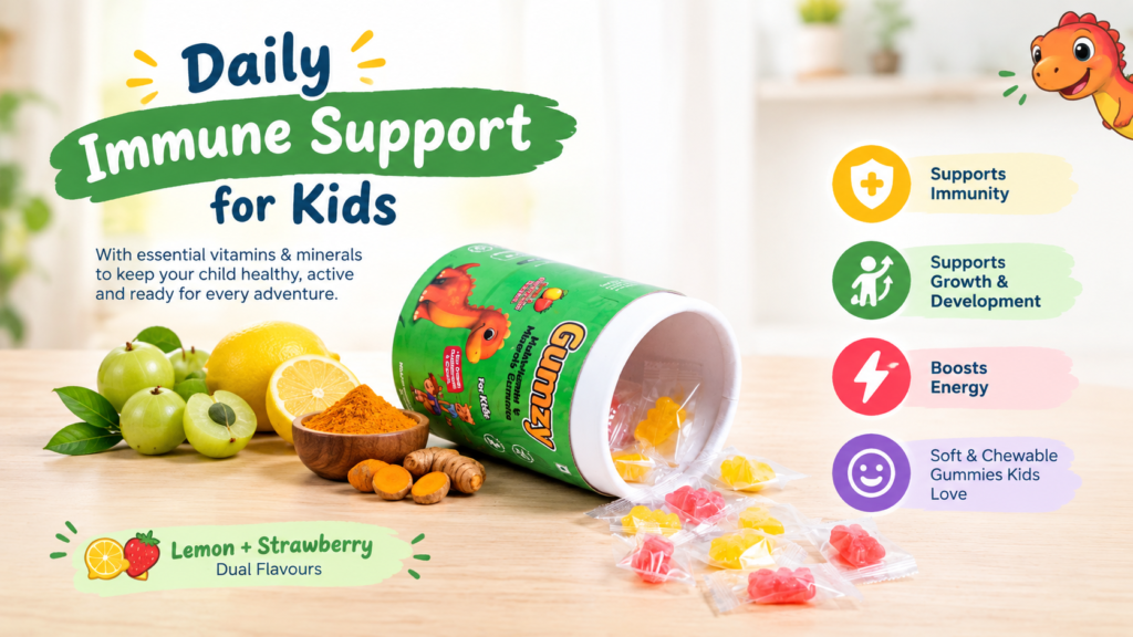 Gumzy multivitamin and mineral gummies for kids with daily immune support, growth and development, and energy benefits, featuring lemon and strawberry flavours with amla, lemon and turmeric.
