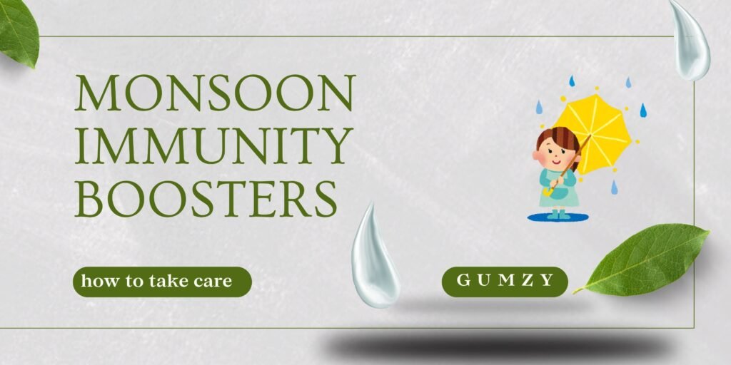 Gumzy monsoon immunity boosters banner, featuring an illustration of a child with a yellow umbrella in the rain and a "how to take care" prompt.