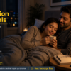 Gumzy Sleep and Relaxation Essentials graphic featuring an adult couple relaxing in bed as part of a calming nighttime routine.