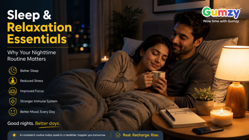 Gumzy Sleep and Relaxation Essentials graphic featuring an adult couple relaxing in bed as part of a calming nighttime routine.