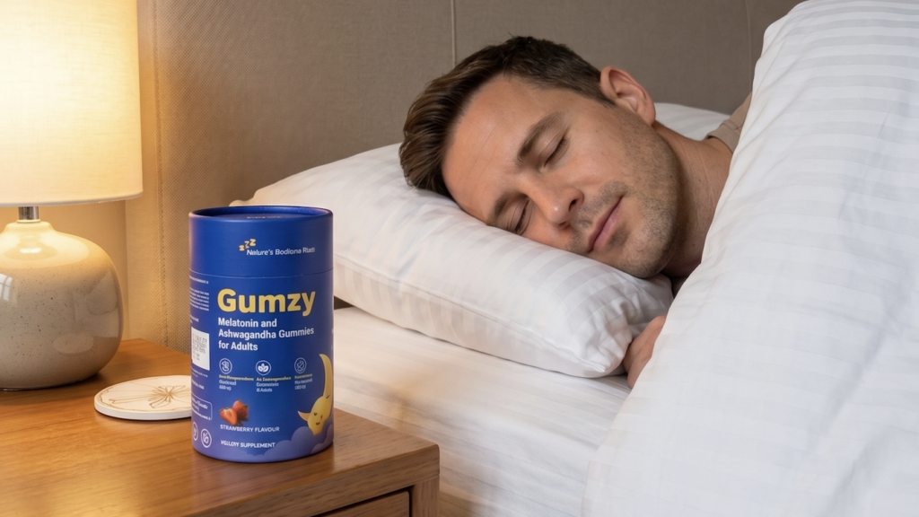 A man sleeping peacefully in bed next to a wooden nightstand holding a warm lamp and a blue bottle of Gumzy Melatonin and Ashwagandha sleep supplements.