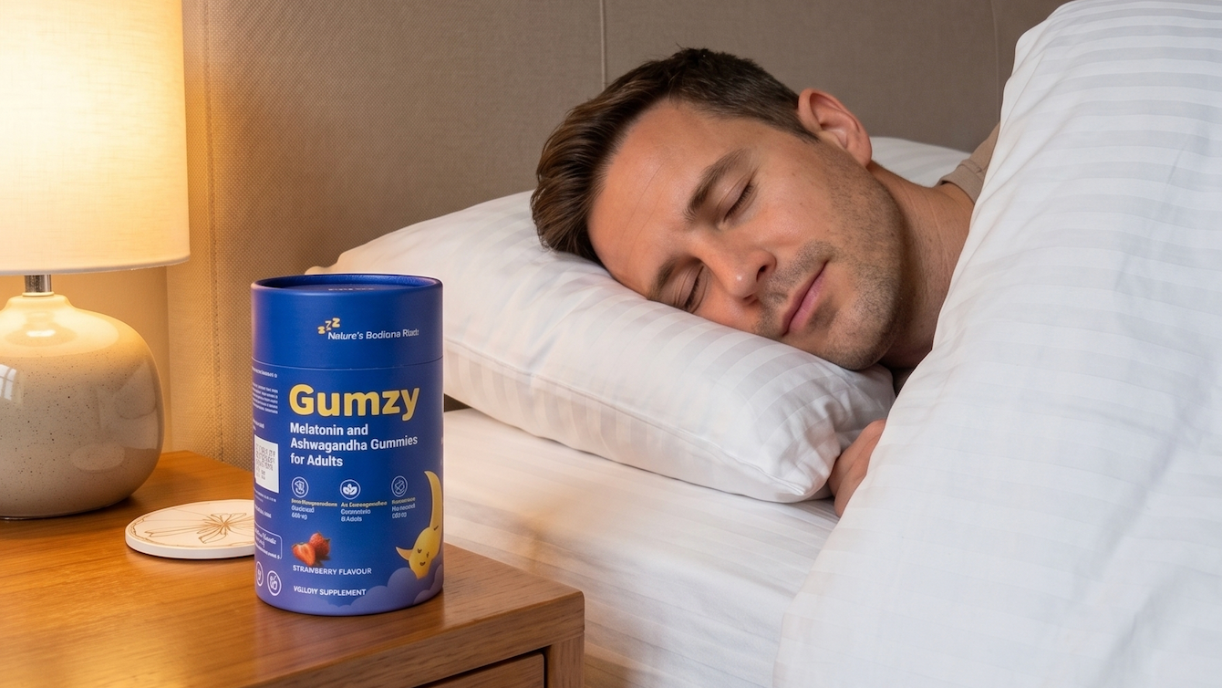 A man sleeping peacefully in bed next to a wooden nightstand holding a warm lamp and a blue bottle of Gumzy Melatonin and Ashwagandha sleep supplements.