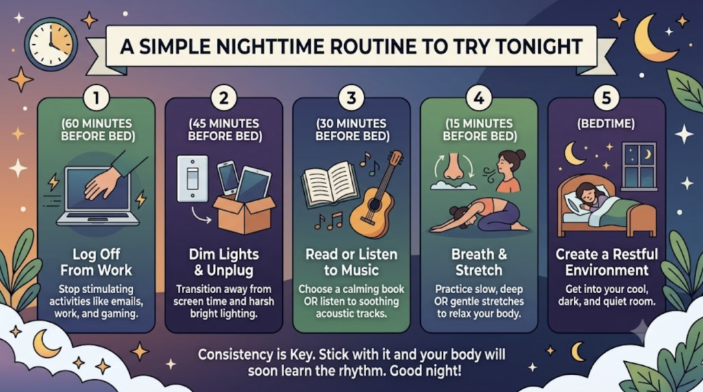 An infographic outlining a 5-step nighttime wind-down routine, starting 60 minutes before bed with logging off work, followed by dimming lights, reading or listening to music, breathing and stretching, and finally going to sleep in a restful environment.