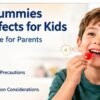 DHA gummies side effects for kids safety guide showing a child taking a gummy with safety, choking and medication considerations