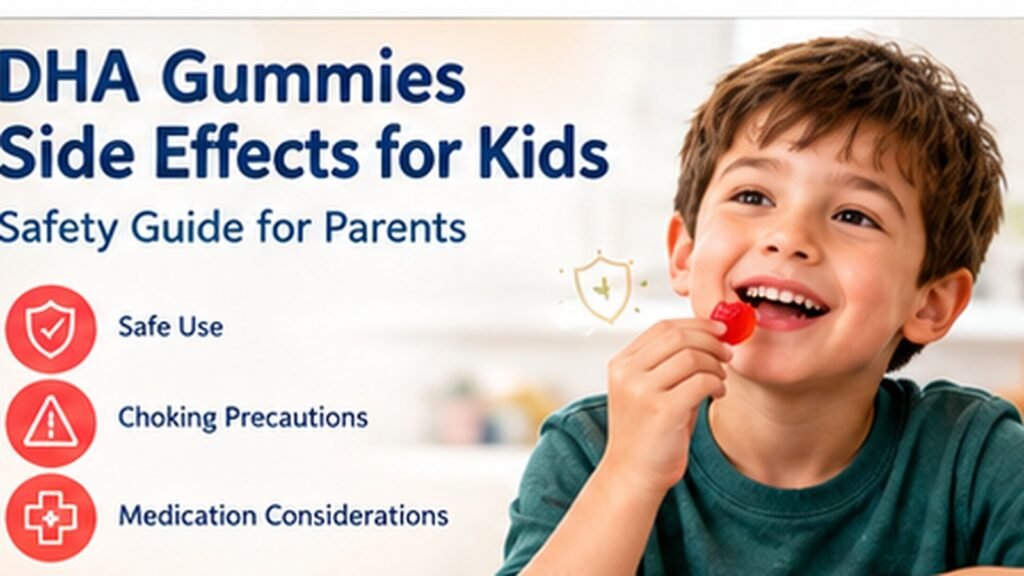 DHA gummies side effects for kids safety guide showing a child taking a gummy with safety, choking and medication considerations