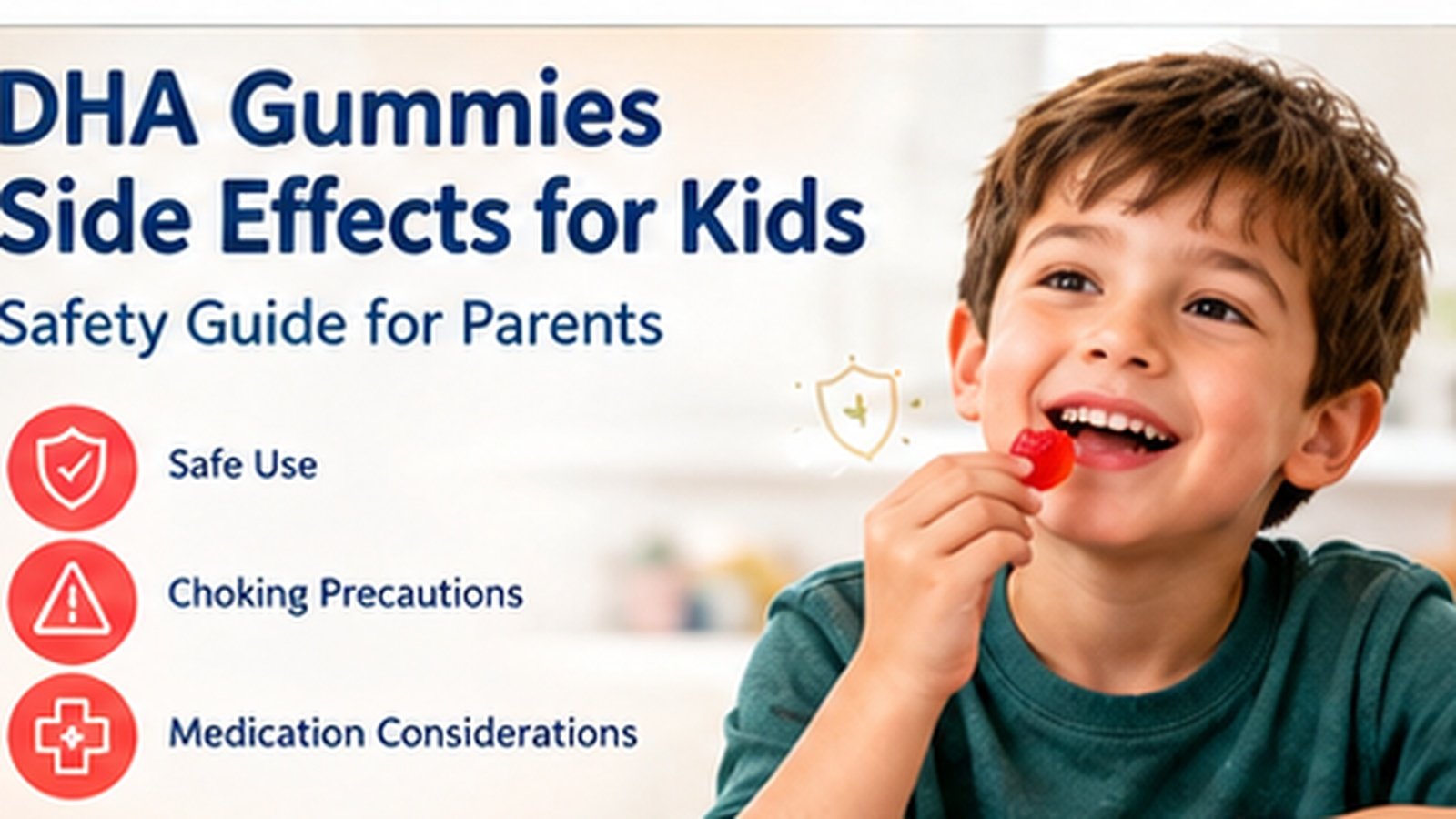 DHA gummies side effects for kids safety guide showing a child taking a gummy with safety, choking and medication considerations