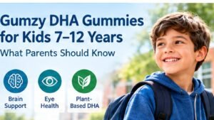 Gumzy DHA gummies for kids 7–12 years with a school-age child and icons for brain support, eye health and plant-based DHA