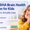 Gumzy DHA brain health gummies for kids with a child and information about brain development, visual health and algae-derived DHA