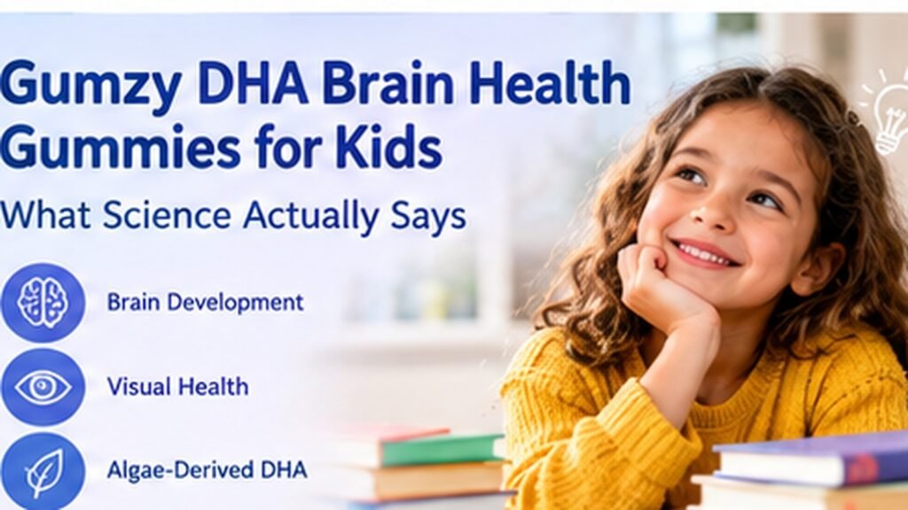 Gumzy DHA brain health gummies for kids with a child and information about brain development, visual health and algae-derived DHA
