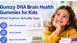 Gumzy DHA brain health gummies for kids with a child and information about brain development, visual health and algae-derived DHA