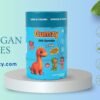 Gumzy DHA Vegan Gummies for Kids banner featuring a blue bottle of strawberry-flavored supplements on a pedestal, highlighting benefits like natural DHA and boosted brain function.