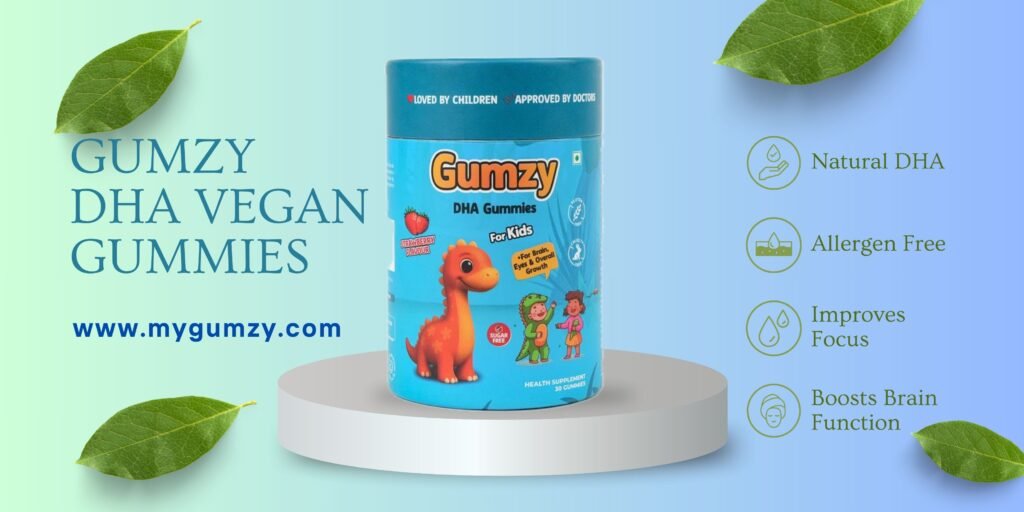 Gumzy DHA Vegan Gummies for Kids banner featuring a blue bottle of strawberry-flavored supplements on a pedestal, highlighting benefits like natural DHA and boosted brain function.