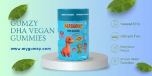 Gumzy DHA Vegan Gummies for Kids banner featuring a blue bottle of strawberry-flavored supplements on a pedestal, highlighting benefits like natural DHA and boosted brain function.
