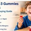 Omega-3 gummies for kids buying guide showing DHA amount, source, age guidance, ingredients, allergens and serving safety