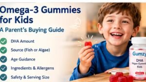 Omega-3 gummies for kids buying guide showing DHA amount, source, age guidance, ingredients, allergens and serving safety