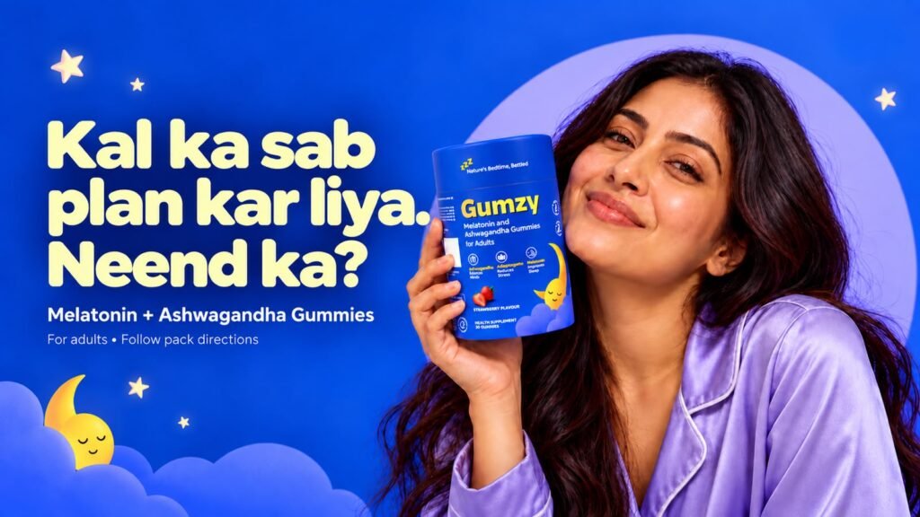 Smiling woman in pajamas holding a bottle of Gumzy Melatonin and Ashwagandha sleep gummies against a starry night background, featuring the text "Kal ka sab plan kar liya. Neend ka?".
