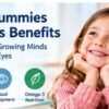 DHA gummies for kids benefits shown with a child and icons representing brain development, visual development and omega-3 nutrition