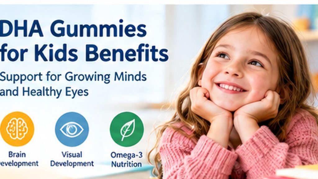 DHA gummies for kids benefits shown with a child and icons representing brain development, visual development and omega-3 nutrition