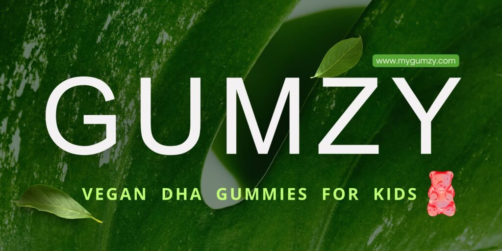 Gumzy vegan DHA gummies for kids banner with green leaf background and strawberry gummy bear